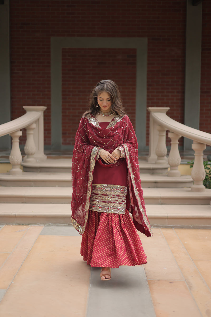 Faux Georgette Maroon Top with Sequins & Thread Embroidered Sharara & Dupatta – Elegant Designer Set