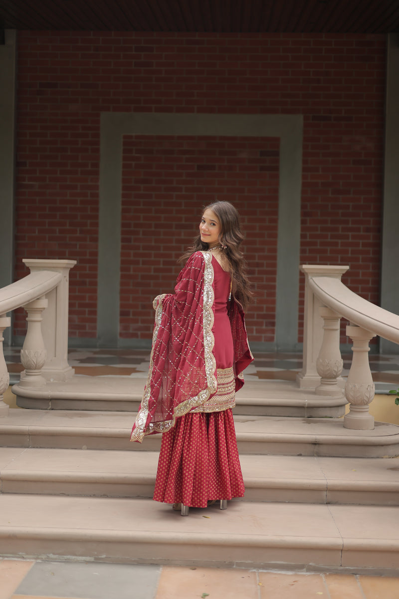 Faux Georgette Maroon Top with Sequins & Thread Embroidered Sharara & Dupatta – Elegant Designer Set