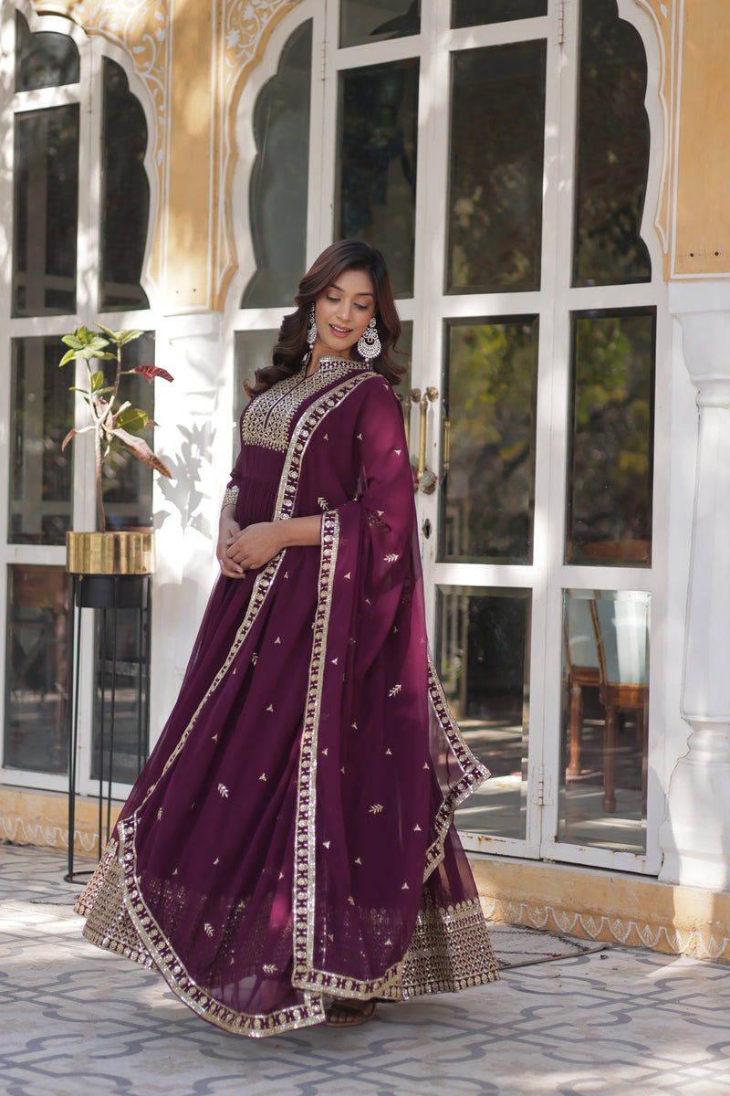 Elegant Faux Blooming Georgette Gown with Embroidered Dupatta - New Wine