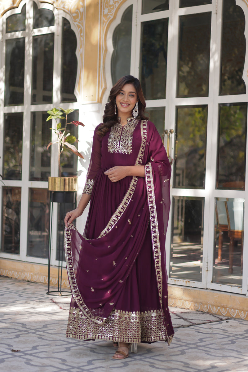 Elegant Faux Blooming Georgette Gown with Embroidered Dupatta - New Wine