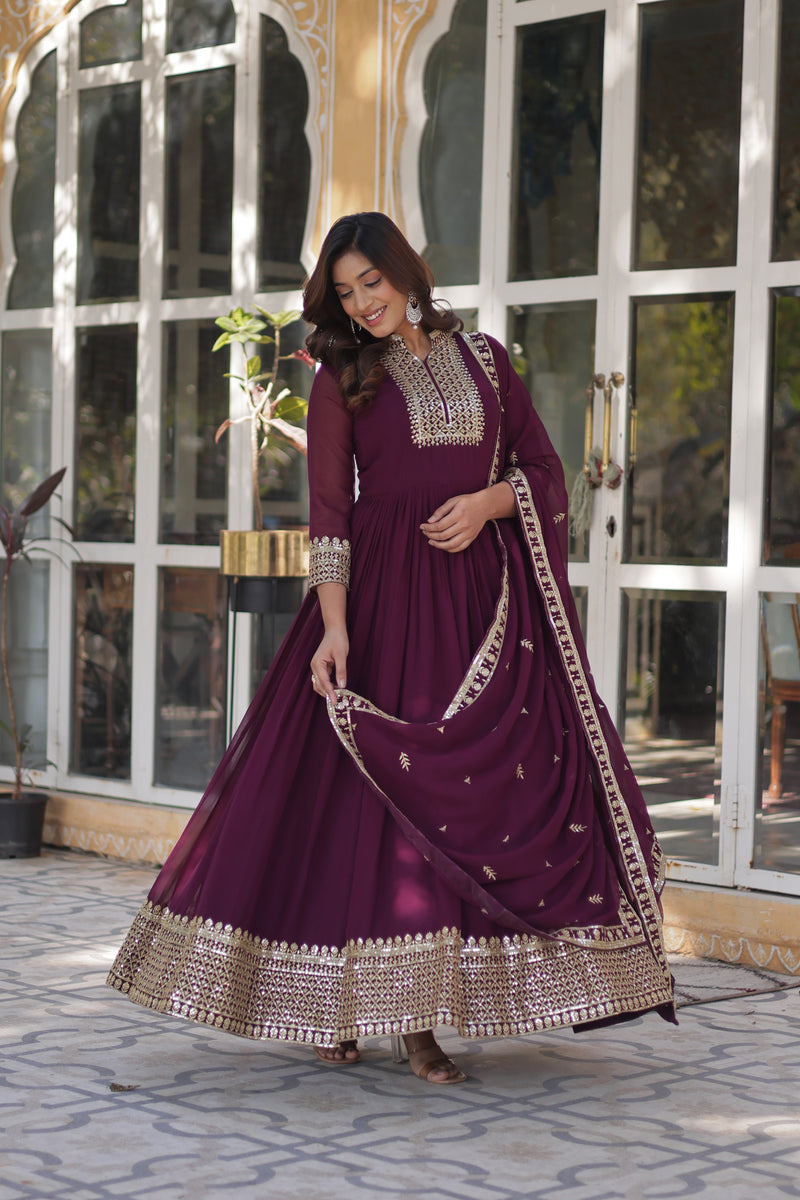 Elegant Faux Blooming Georgette Gown with Embroidered Dupatta - New Wine