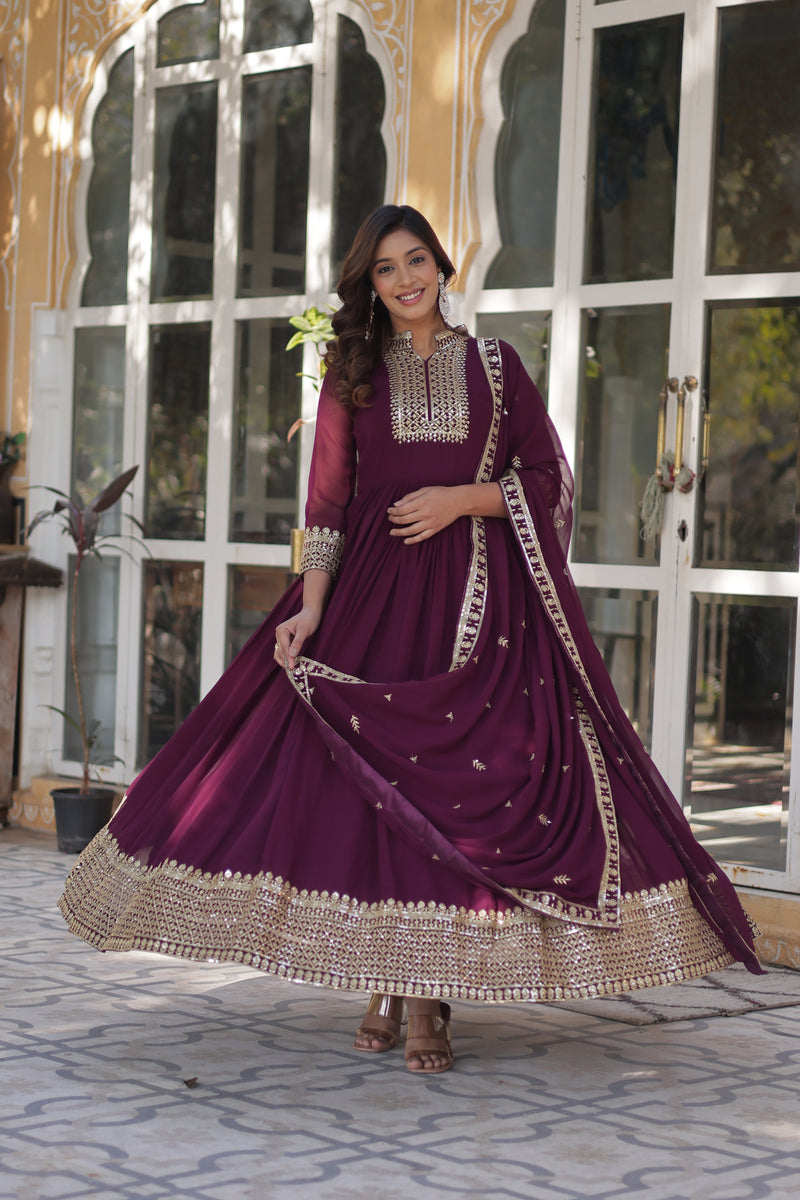 Elegant Faux Blooming Georgette Gown with Embroidered Dupatta - New Wine