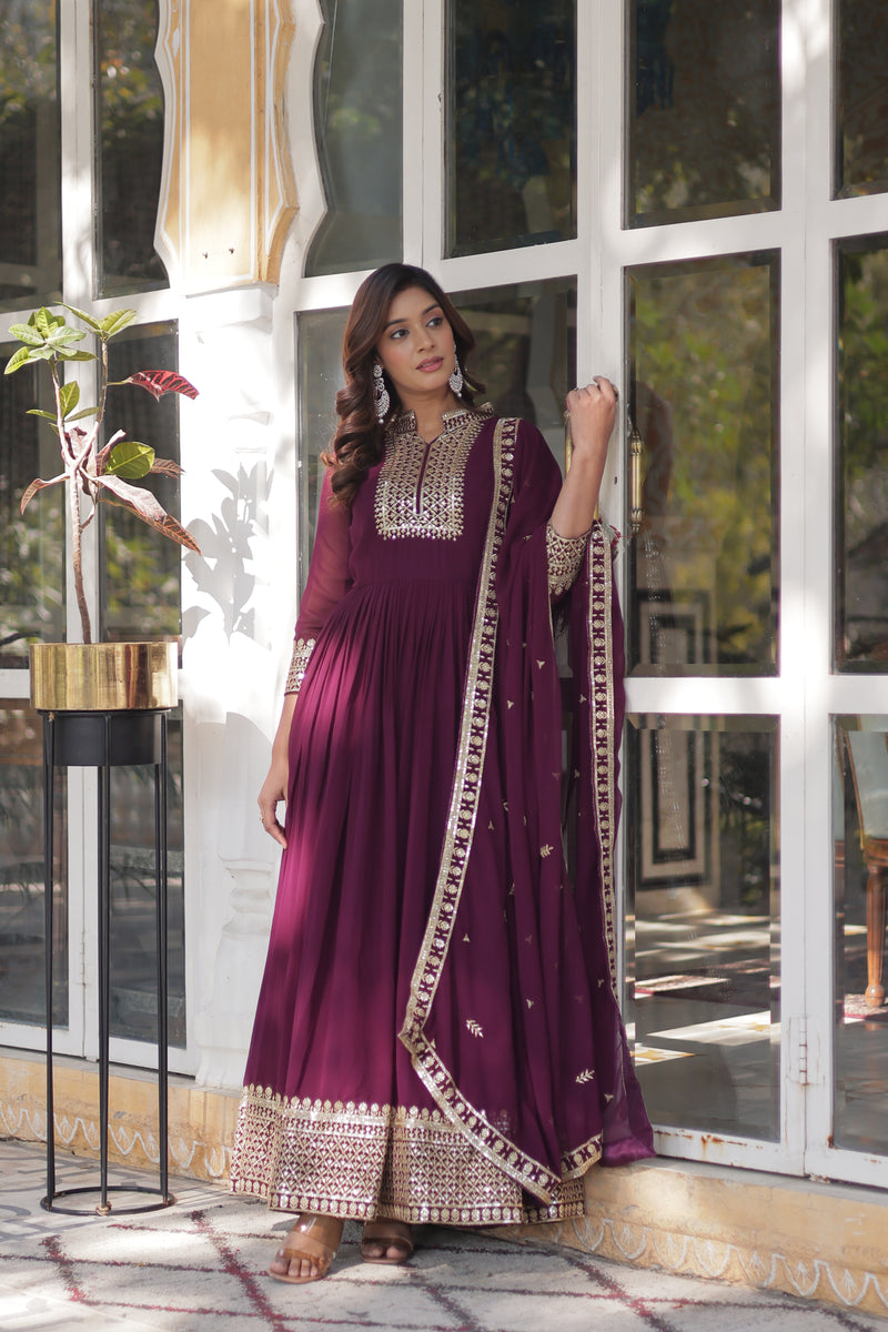 Elegant Faux Blooming Georgette Gown with Embroidered Dupatta - New Wine