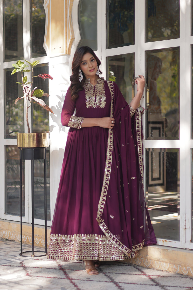 Elegant Faux Blooming Georgette Gown with Embroidered Dupatta - New Wine