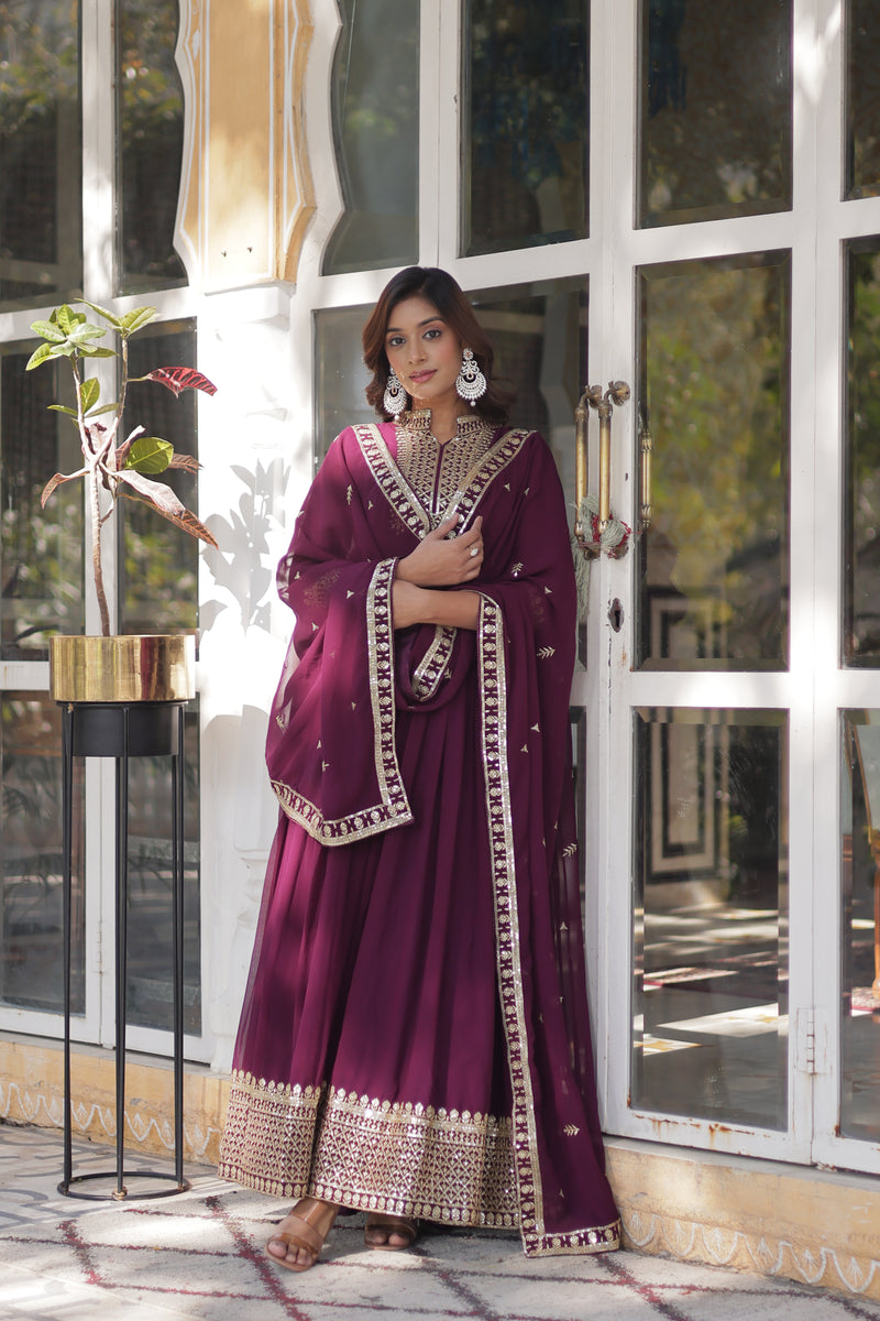 Elegant Faux Blooming Georgette Gown with Embroidered Dupatta - New Wine