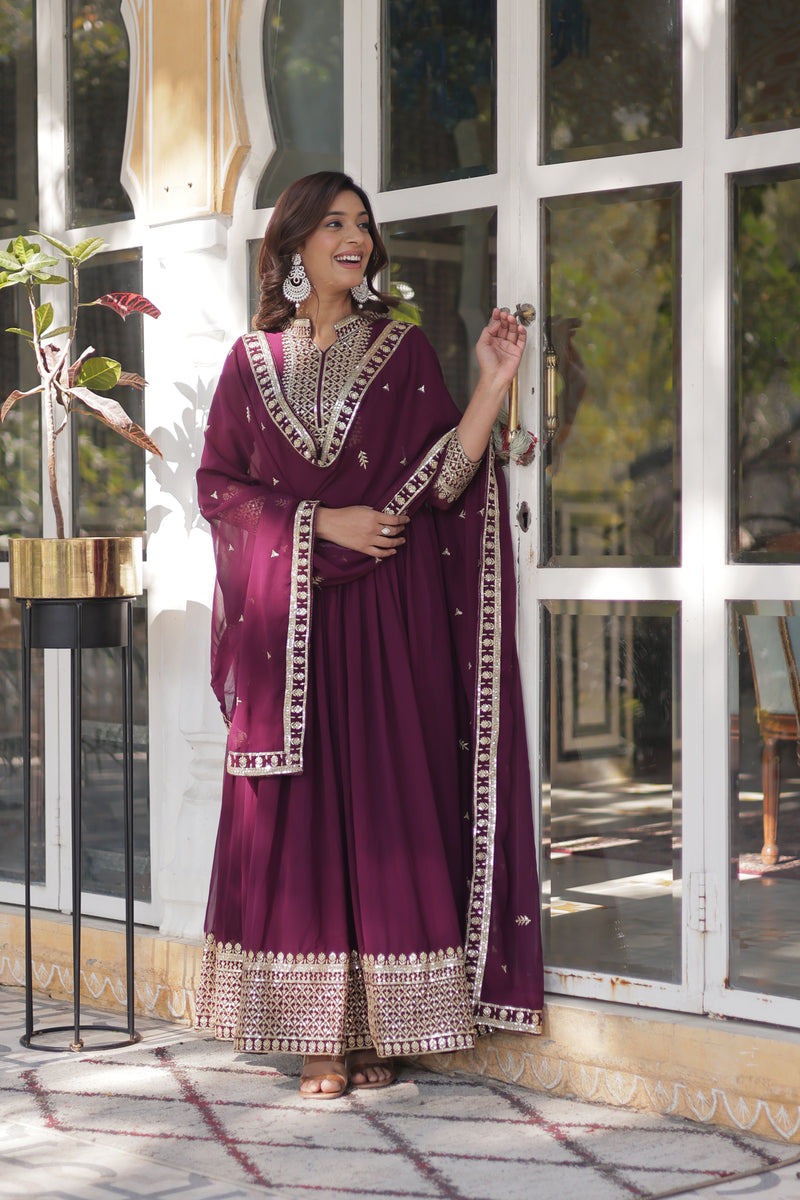 Elegant Faux Blooming Georgette Gown with Embroidered Dupatta - New Wine