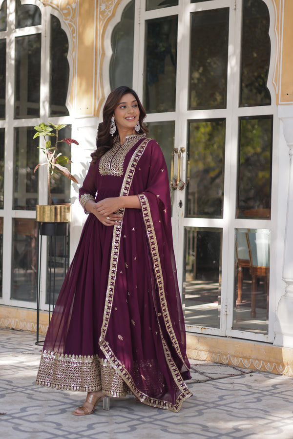 Elegant Faux Blooming Georgette Gown with Embroidered Dupatta - New Wine