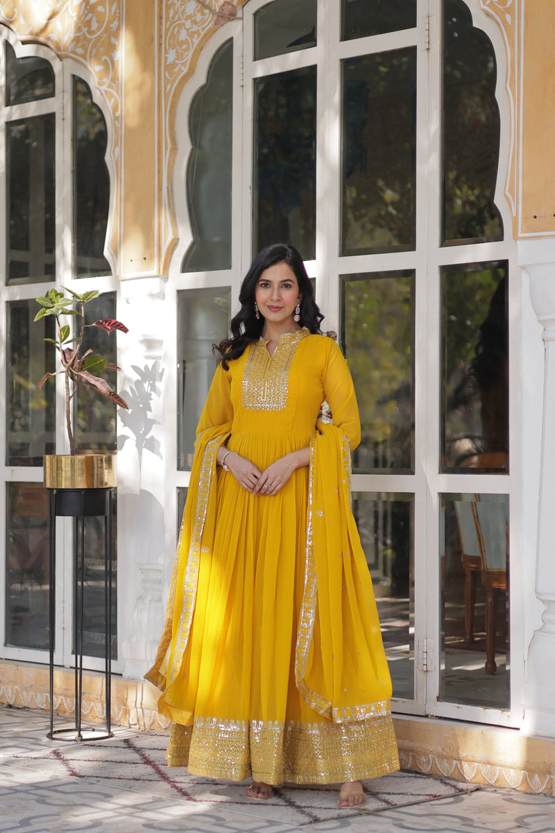 Faux Blooming Georgette Gown with Sequins Embroidered Dupatta - Yellow