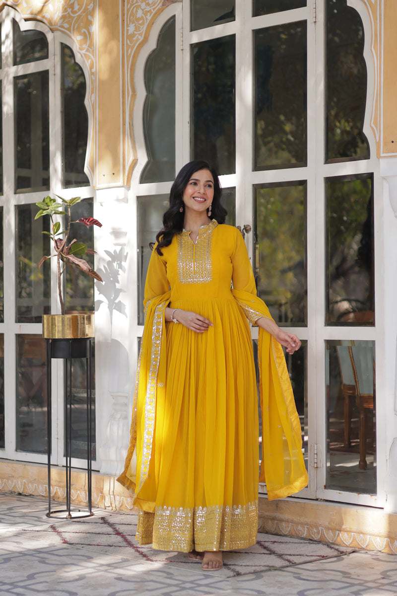 Faux Blooming Georgette Gown with Sequins Embroidered Dupatta - Yellow