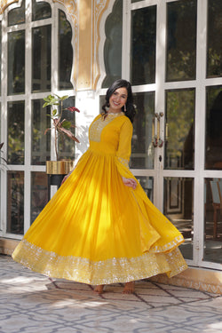 Faux Blooming Georgette Gown with Sequins Embroidered Dupatta - Yellow