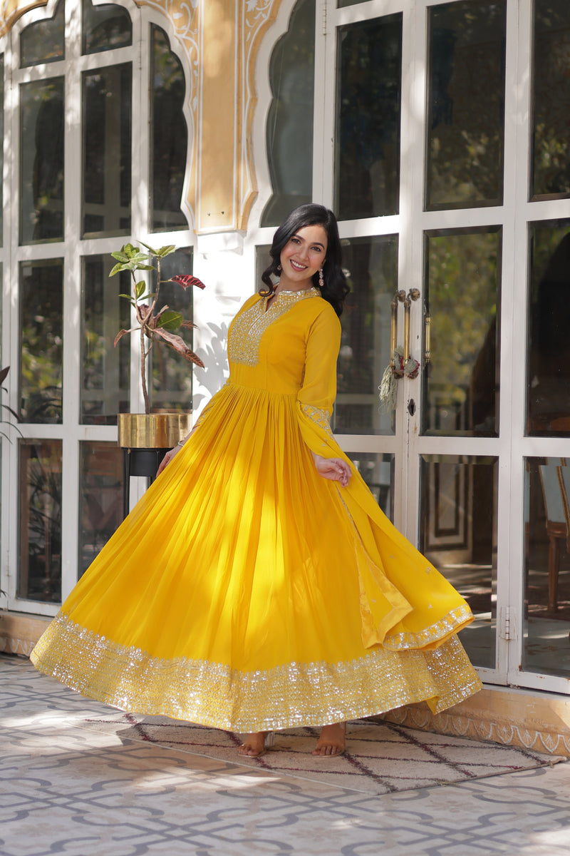 Faux Blooming Georgette Gown with Sequins Embroidered Dupatta - Yellow