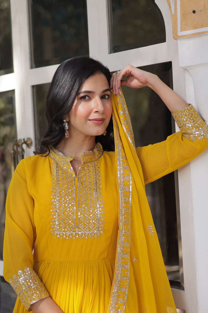 Faux Blooming Georgette Gown with Sequins Embroidered Dupatta - Yellow