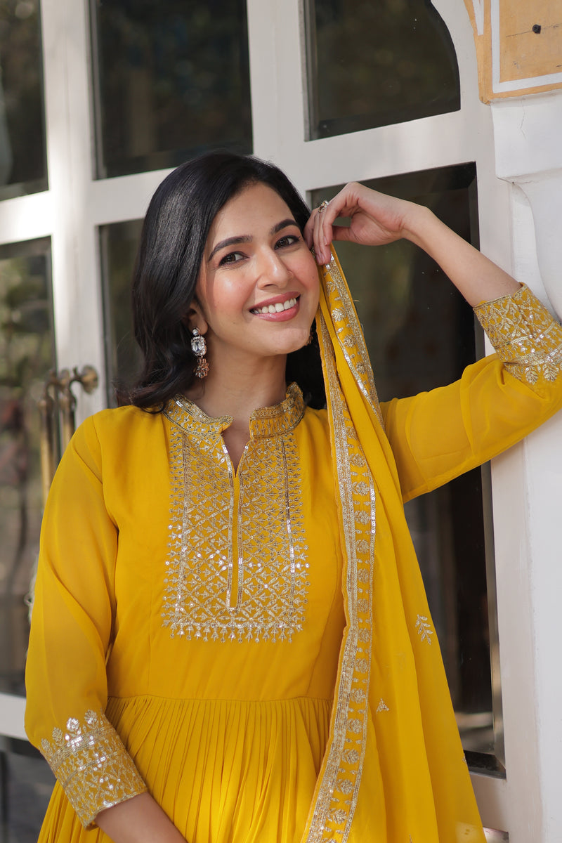 Faux Blooming Georgette Gown with Sequins Embroidered Dupatta - Yellow