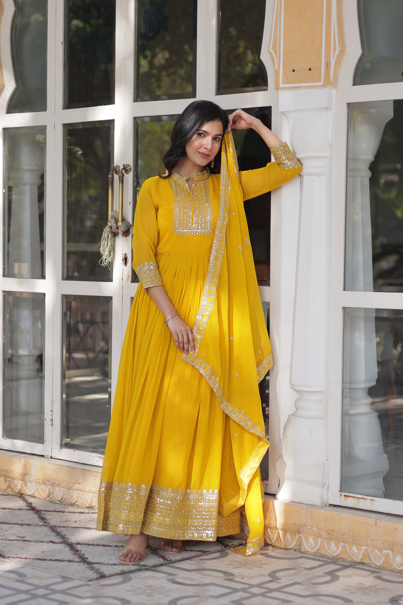 Faux Blooming Georgette Gown with Sequins Embroidered Dupatta - Yellow