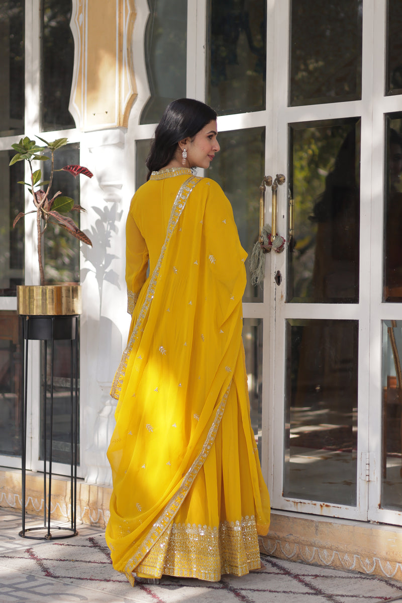 Faux Blooming Georgette Gown with Sequins Embroidered Dupatta - Yellow