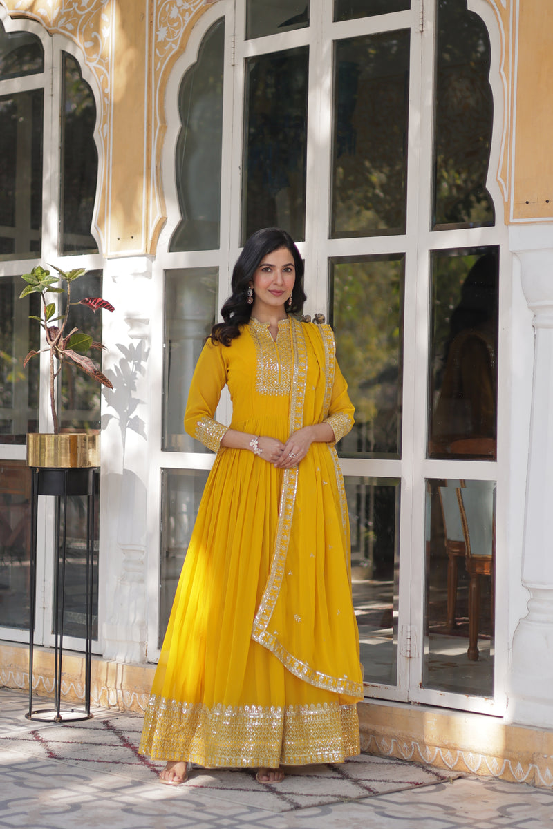 Faux Blooming Georgette Gown with Sequins Embroidered Dupatta - Yellow