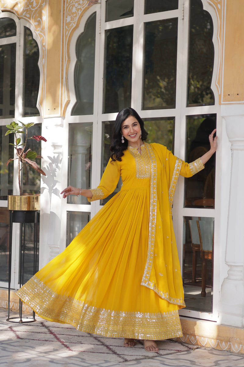 Faux Blooming Georgette Gown with Sequins Embroidered Dupatta - Yellow