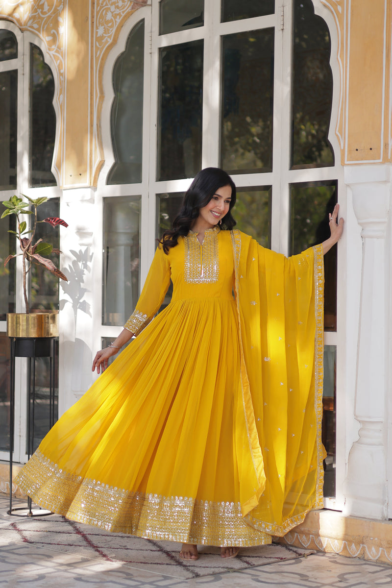 Faux Blooming Georgette Gown with Sequins Embroidered Dupatta - Yellow