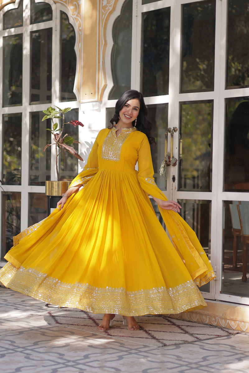 Faux Blooming Georgette Gown with Sequins Embroidered Dupatta - Yellow